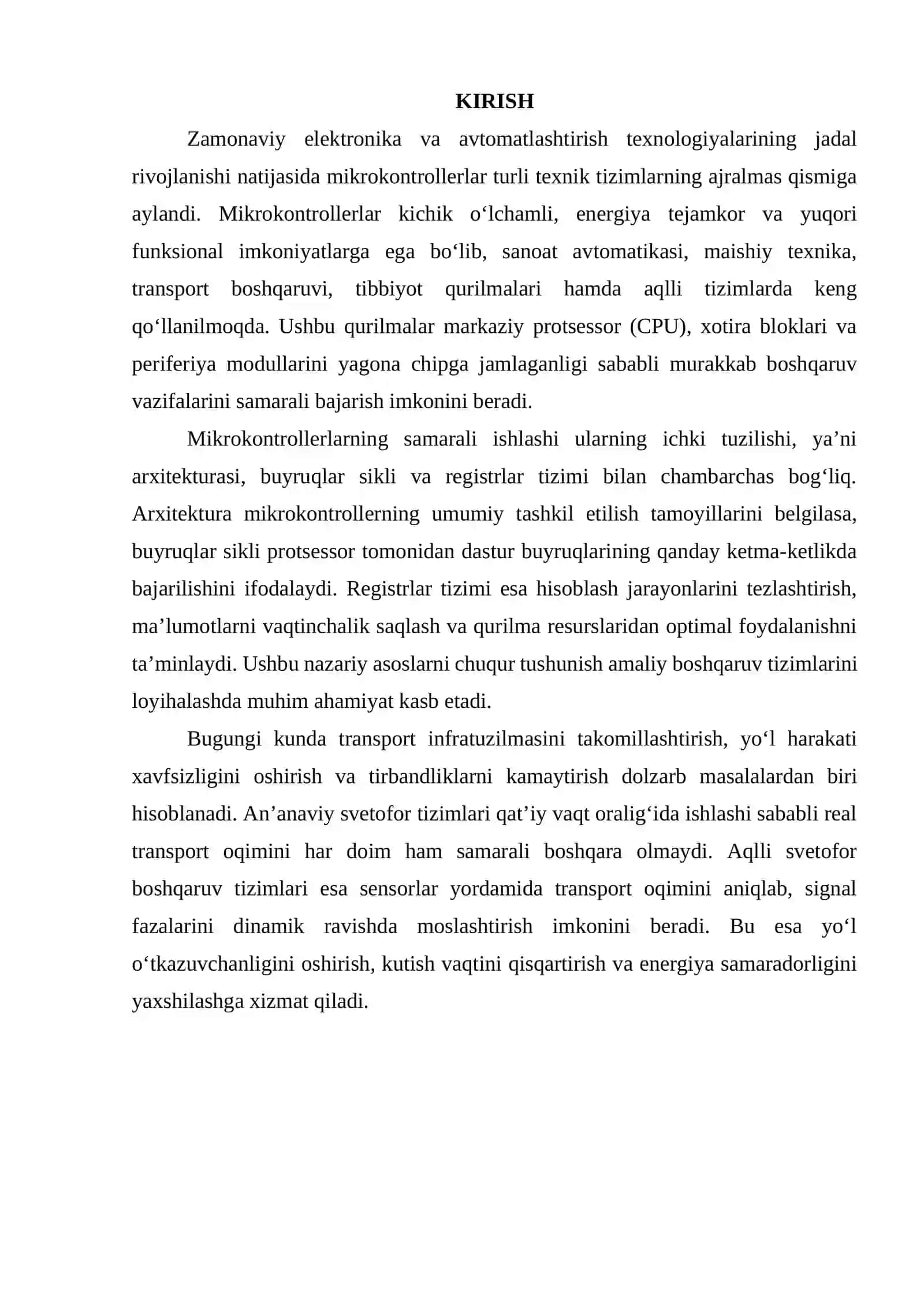 Mikrokontroller arxitekturasi, buyruqlar sikli va registrlar tizimi. Arduino asosida aqlli svetofor boshqaruv tizimini ishlab chiqish. 3