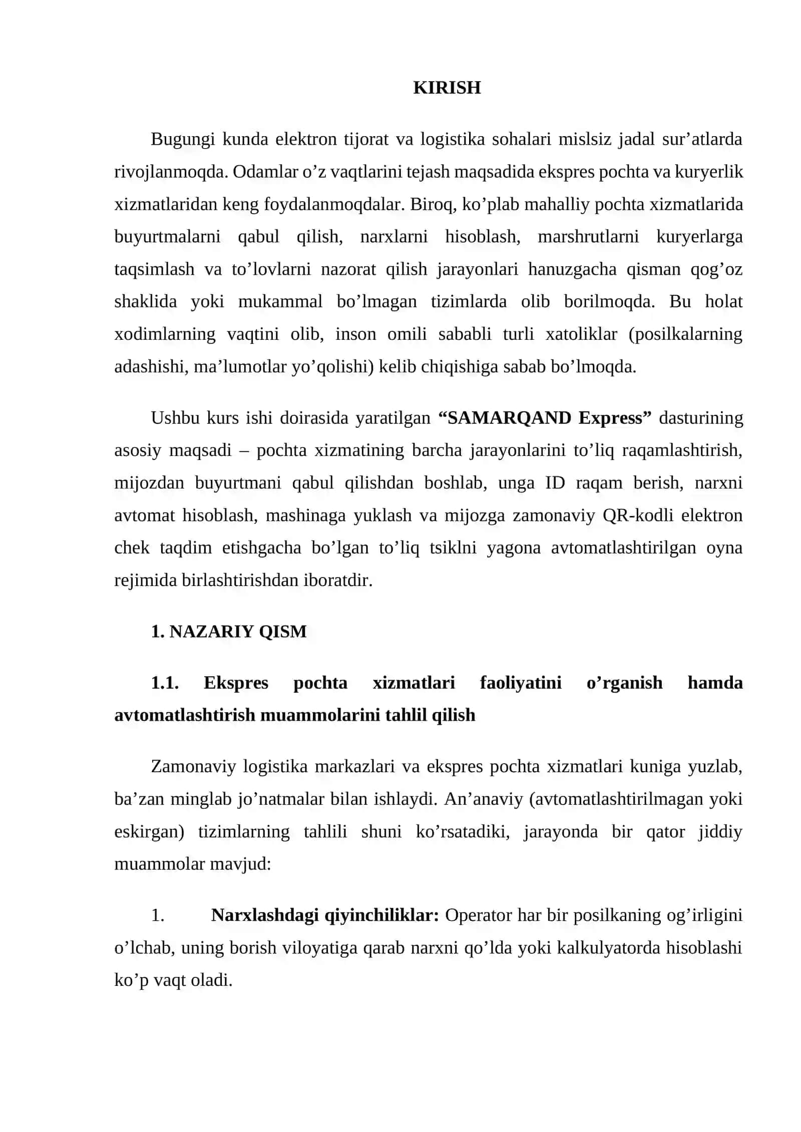 Visual Studio muhitida dasturlash | Kurs ishi - EKSPRES POCHTA XIZMATI BUYURTMALARINI BOSHQARISH DASTUR ILOVASINI YARATISH 3