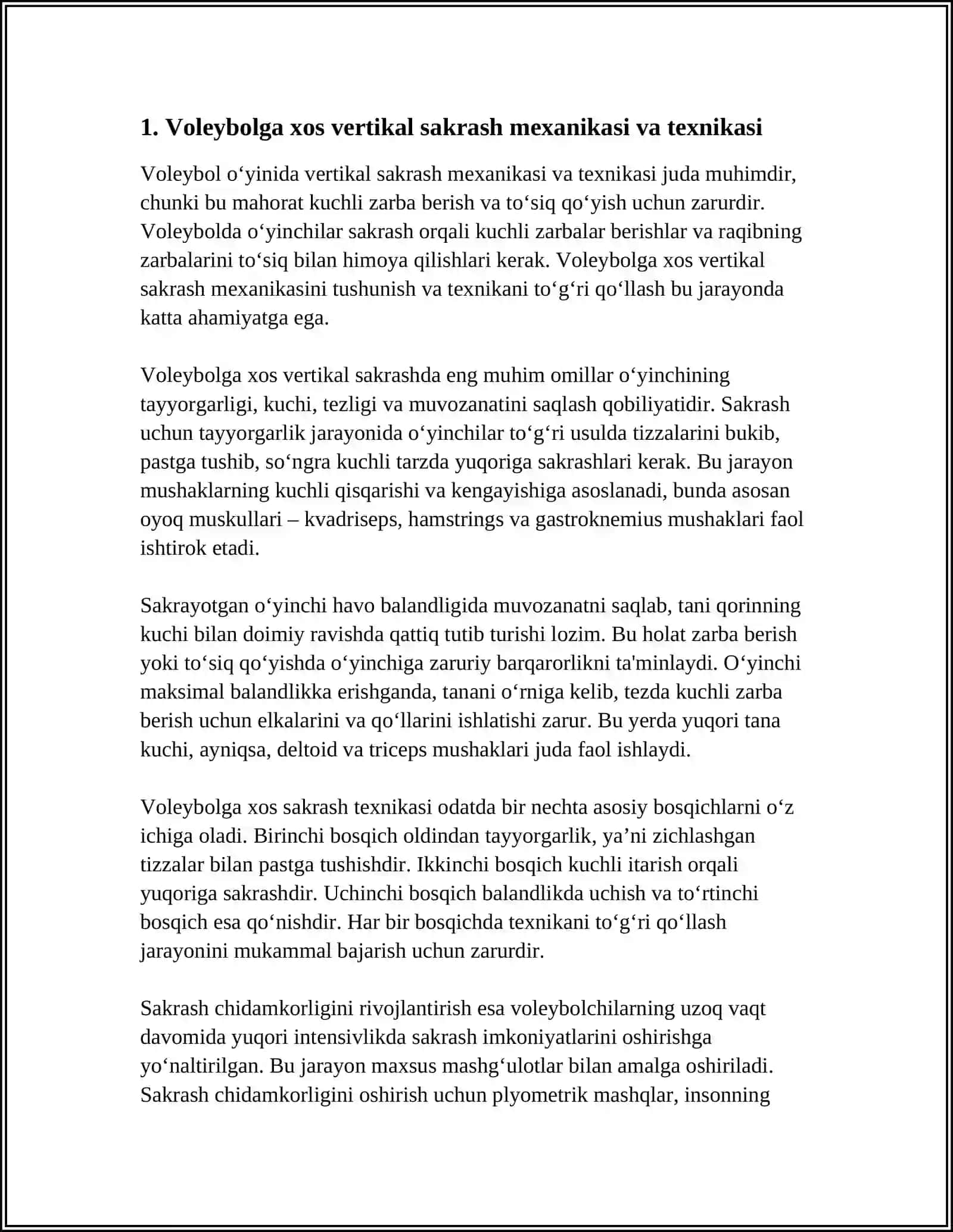 VOLEYBOLGA XOS VERTIKAL SAKRASH VA SAKRASH CHIDAMKORLIKNI SHAKLLANTIRISHNI ZARBA BERISH HAMDA TO‘SIQ QO‘YISH KO‘NIKMALARI ASOSIDA O‘ZLASHTIRISH 3