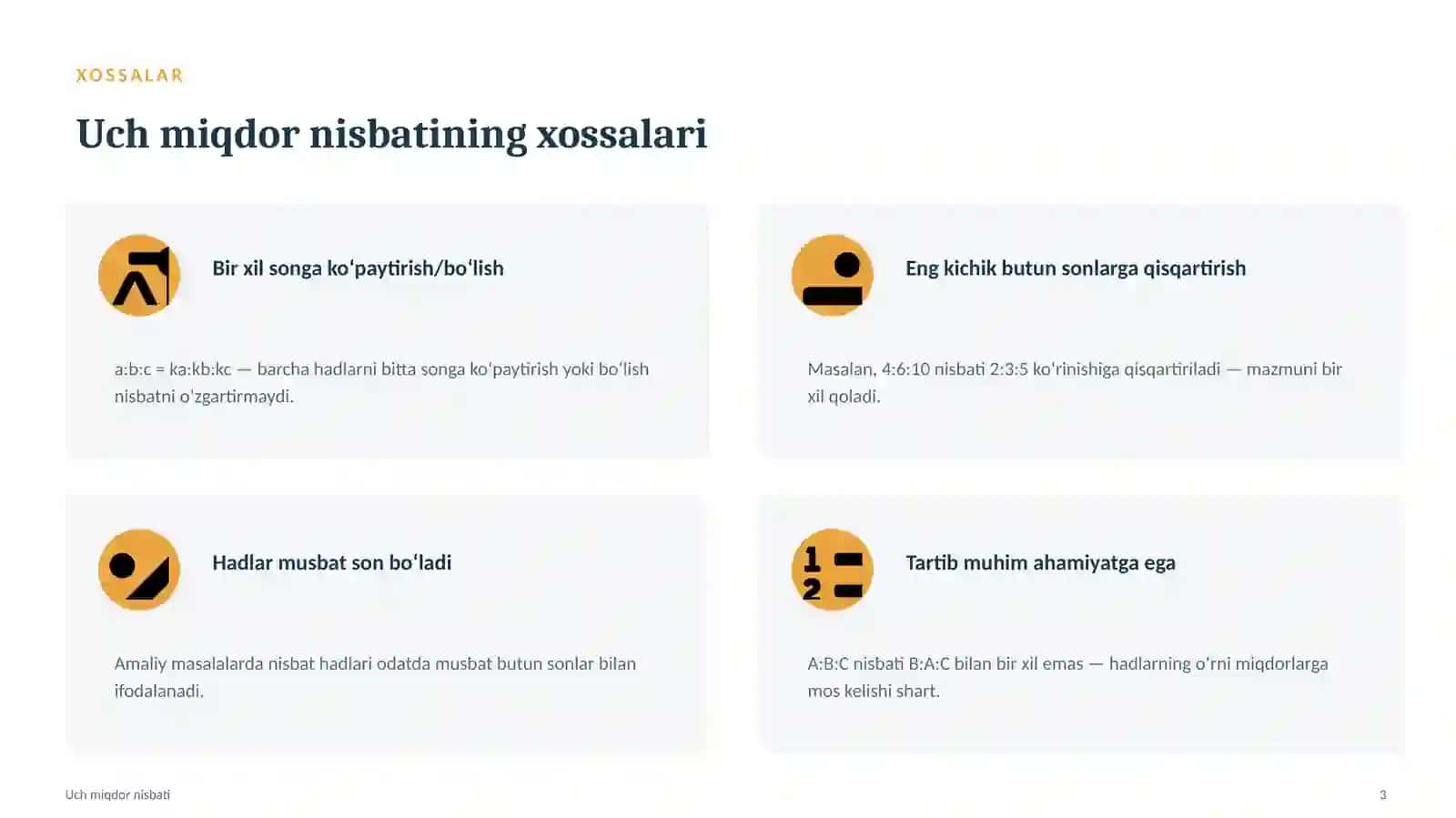 MATEMATIKA · NISBAT VA PROPORSIYA. uch miqdor nisbati 3