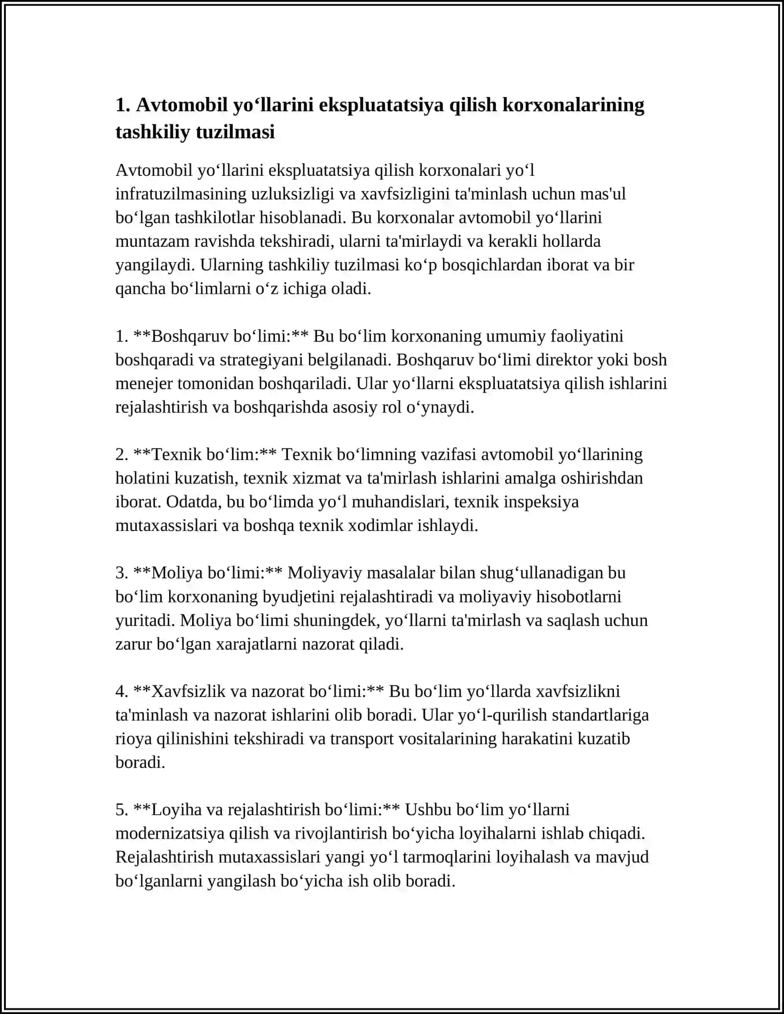 AVTOMOBIL YO‘LLARINI EKSPLUATATSIYA QILISH KORXONALARINING ASOSIY VAZIFALARI VA ULARNING STRUKTURASI 3