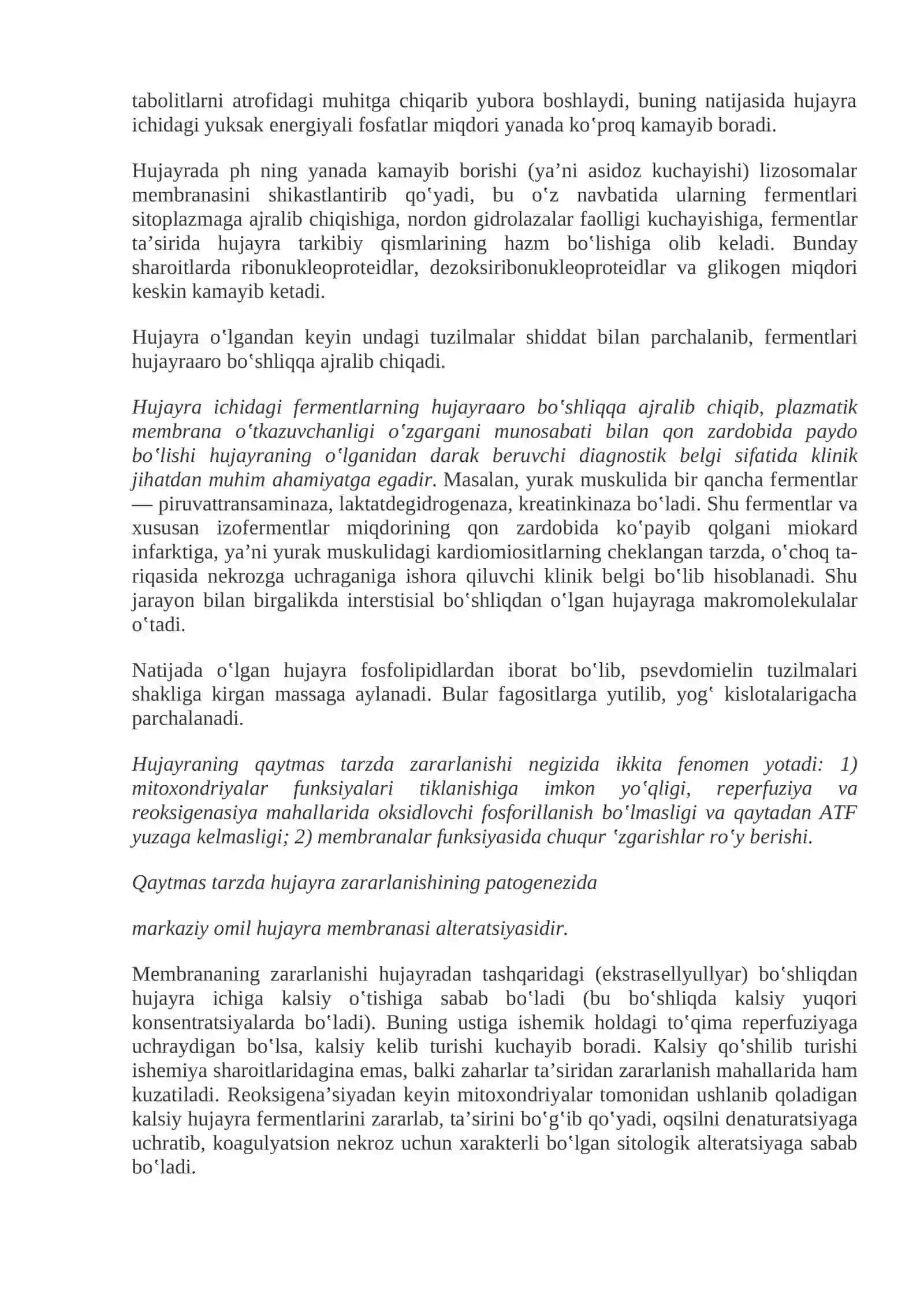 Hujayraning qaytar va qaytmas zararlanishi. Hujayraning zararlanishi va nobud bulishi: sabablari, rivojlanish mexanizmi, morfologiyasi. Apoptoz. Hujayra qarishi 3