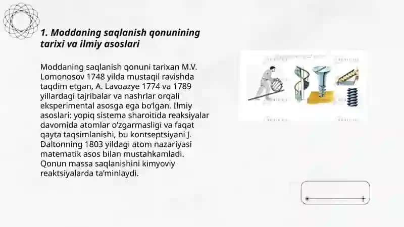 Moddaning saqlanish qonuni va uning yaratilishida olimlarning tajribalari 3