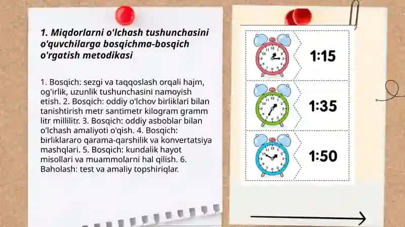 Miqdorlarni o'lchash, o'lchov birliklarining turlari orasidagi bog'liqliklar va ular ustida amallar bajarishga o'rgatish metodikasi 3