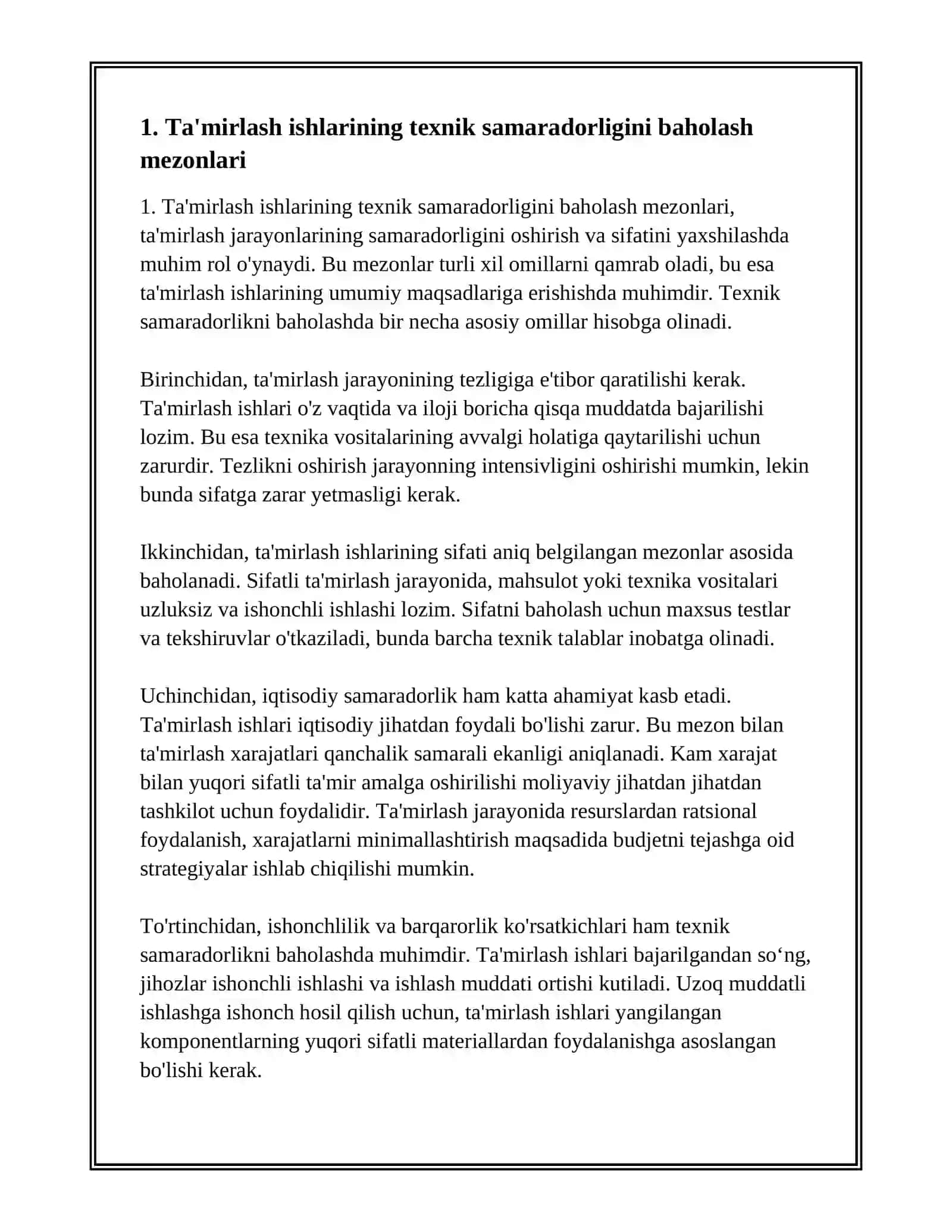 TAMIRLASH ISHLARINING TEXNIK SAMARADORLIGINI BAHOLASH 3