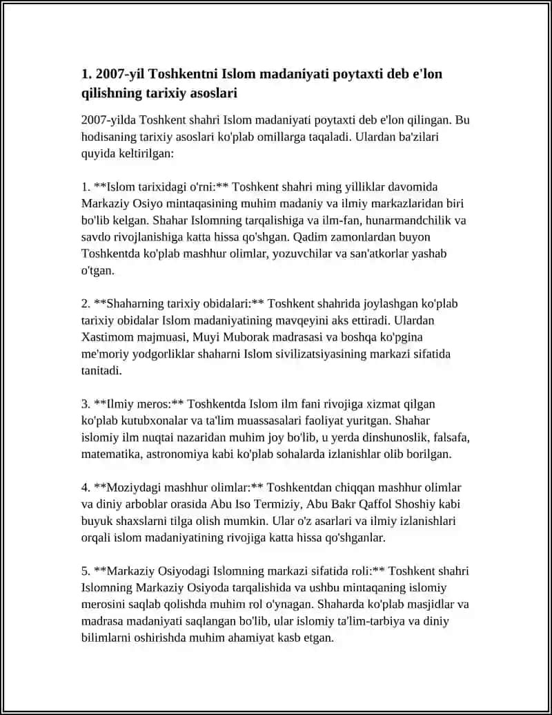 2007- YIL TOSHKENT. ISLOM MADANIYATI POYTAXTI DEB E'LON QILINISHINING MAZMUNI VA MOXIYATI 3