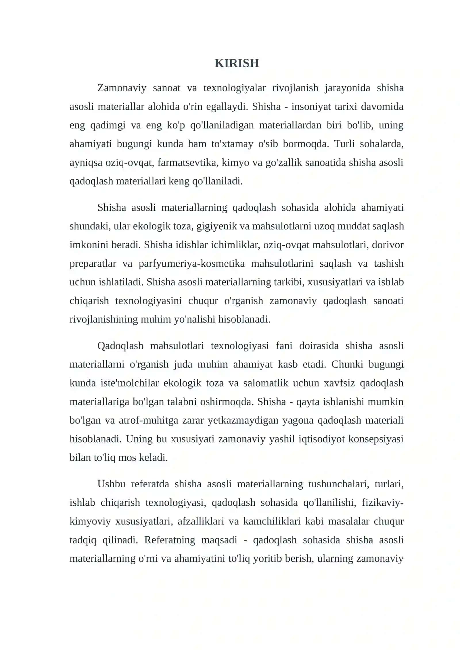 QADOQLASH MAHSULOTLARI TEXNOLOGIYASI SHISHA ASOSLI MATERIALLAR REFERAT 3