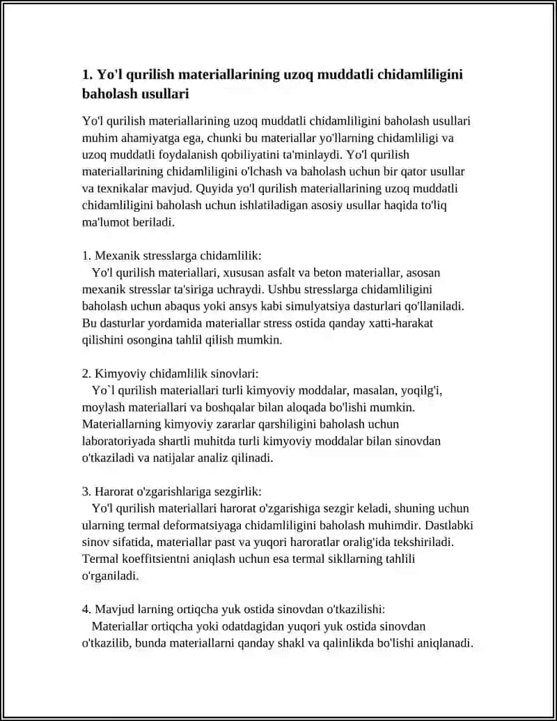 Yo'l qurilish materiallarining uzoq muddatli chidamliligini baholash usullari 3