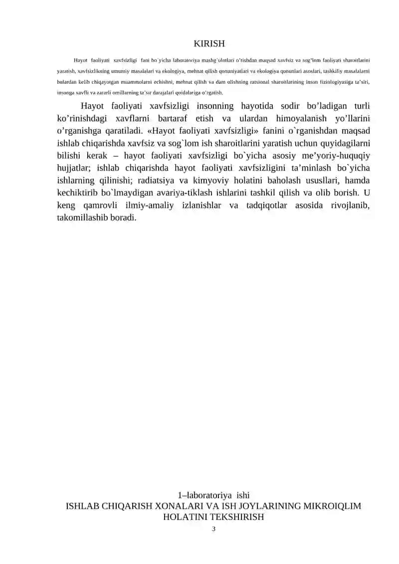 HAYOT FAOLIYATI XAVFSIZLIGI FANIDAN LABORATORIYA MASHG’ULOTLARI TO’PLAMI 3