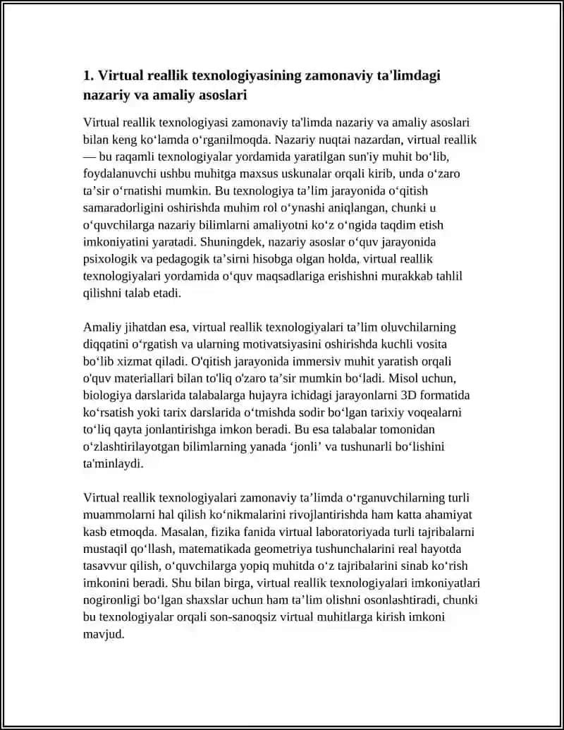 “VIRTUAL REALLIK TEXNOLOGIYASINING ZAMONAVIY TA’LIMDAGI O’RNI VA AHAMIYATI” MAVZUSIDA INDIVIDUAL LOYIHA TUZIB BER 3