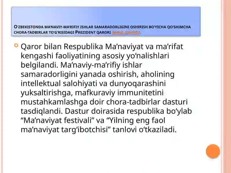 O‘zbekistonda ma’naviy-ma’rifiy ishlar samaradorligini oshirishning vazifalari 3