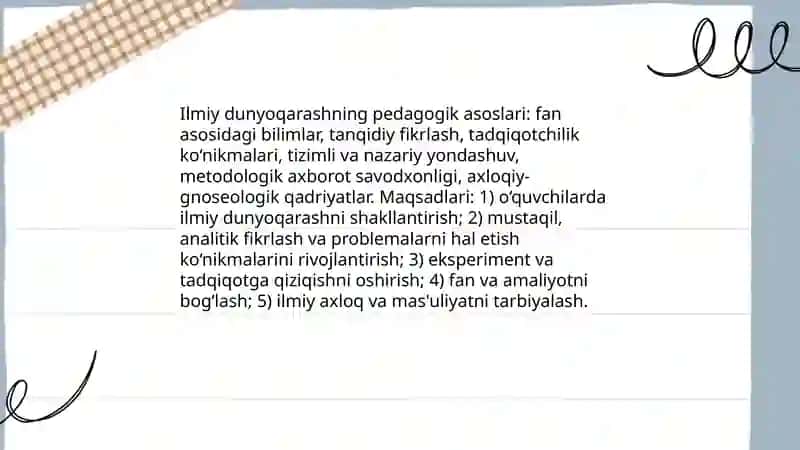 O'quvchilarning ilmiy dunyoqarashini rivojlantirish. Aqliy tarbiya 3