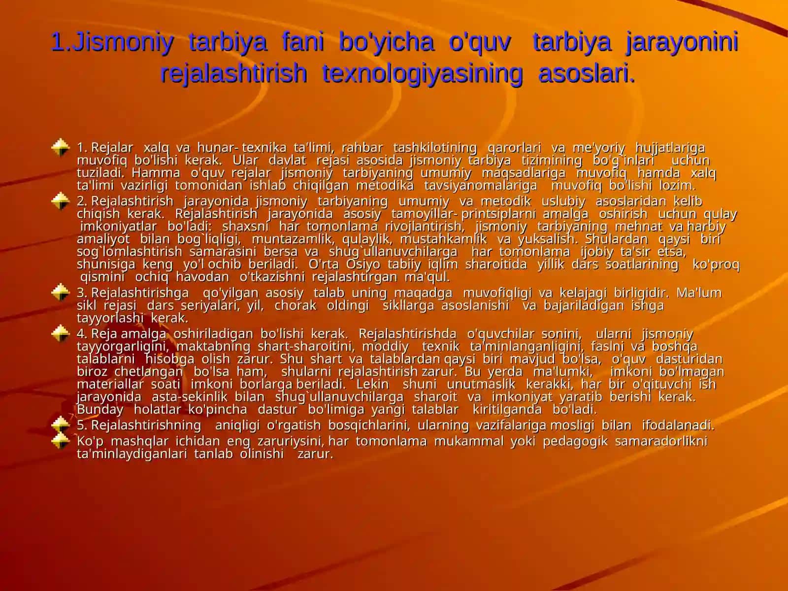 Jismoniy tarbiya fani bo'yicha o'quv tarbiya jarayonini rejalashtirish texnologiyasi 3