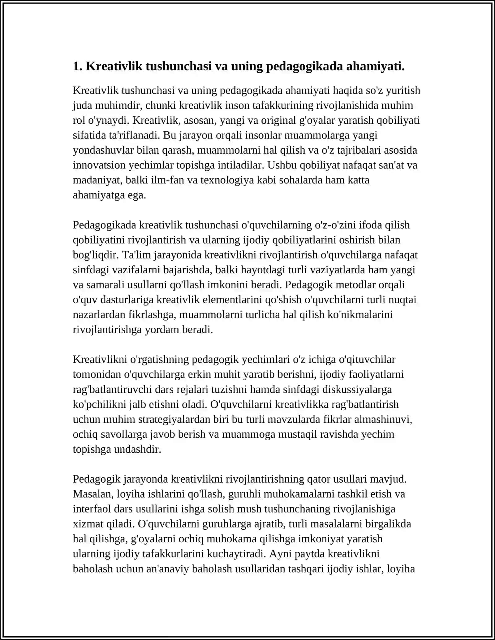 MUSTAQIL ISH Mavzu: PEDAGOGLARDA ZAMONAVIY KREATIVLIG SIFATLARINI RIVOJLANTIRISH 3
