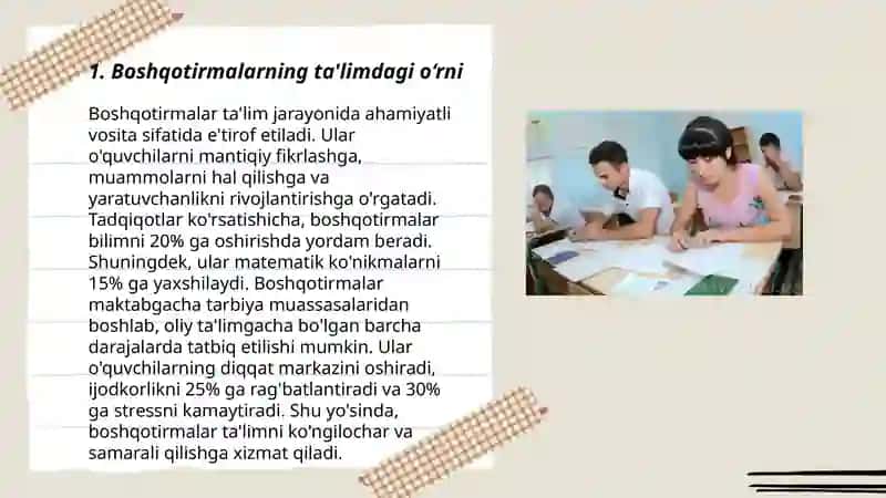 Boshqotirmalarning ta'limdagi o‘rni 3