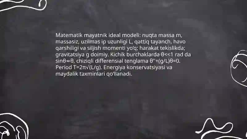 Ogʻirlik kuchining tezlanishini matematik mayatnik yordamida aniqlash Butunboyeva Ruxshona 3
