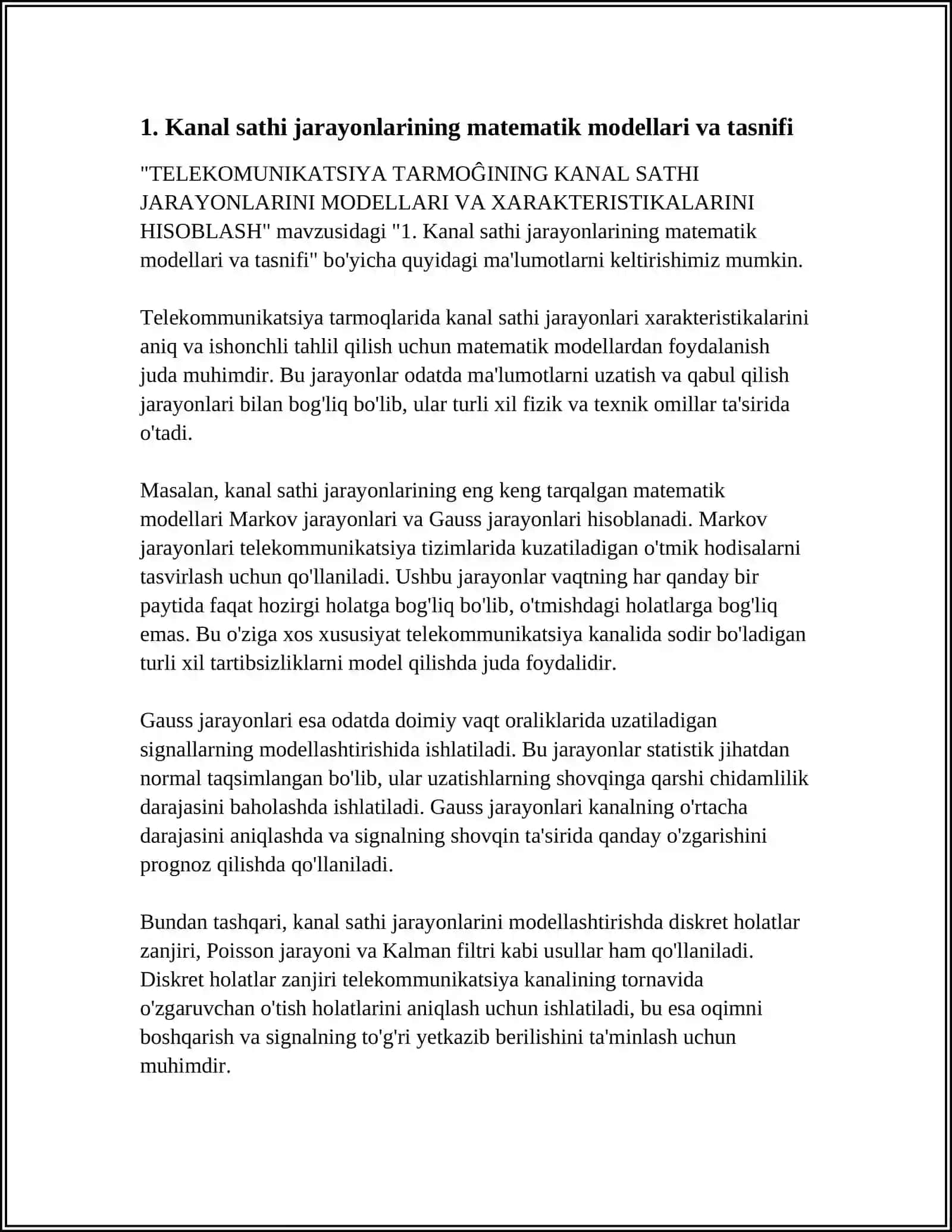 TELEKOMUNIKATSIYA TARMOĜINING KANAL SATHI JARAYONLARINI MODELLARI VA XARAKTERISTIKALARINI HISOBLASH 3
