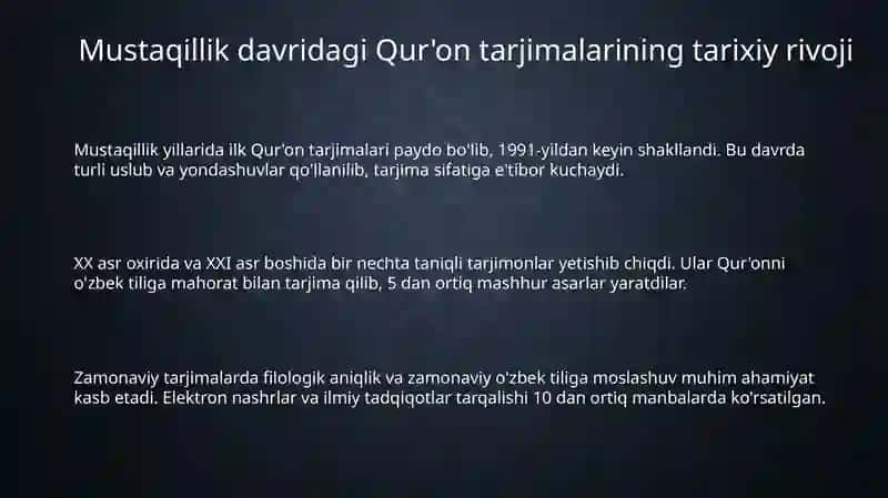 Mustaqilyillarida Qur'onning ózbek tiligiga tarjima qilinishi va tafsirlari 3