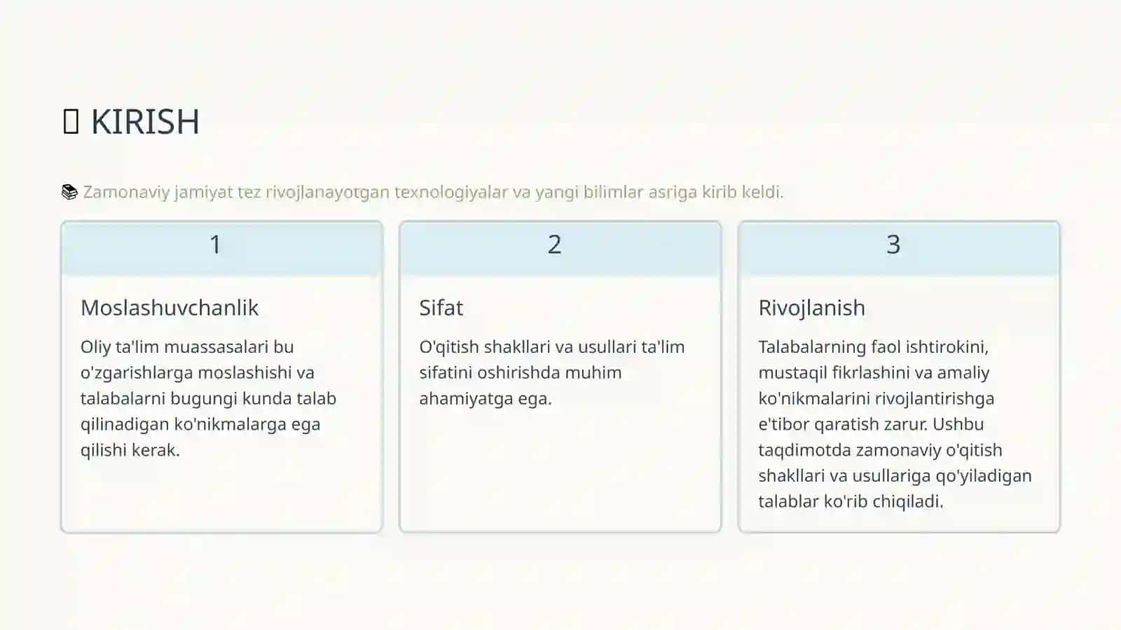 OLIY TA'LIM MUASSASALARIDA O'QITISHNI TASHKIL QILISHNING SHAKL VA USULLARIGA QO'YILADIGAN ZAMONAVIY TALABLAR 3