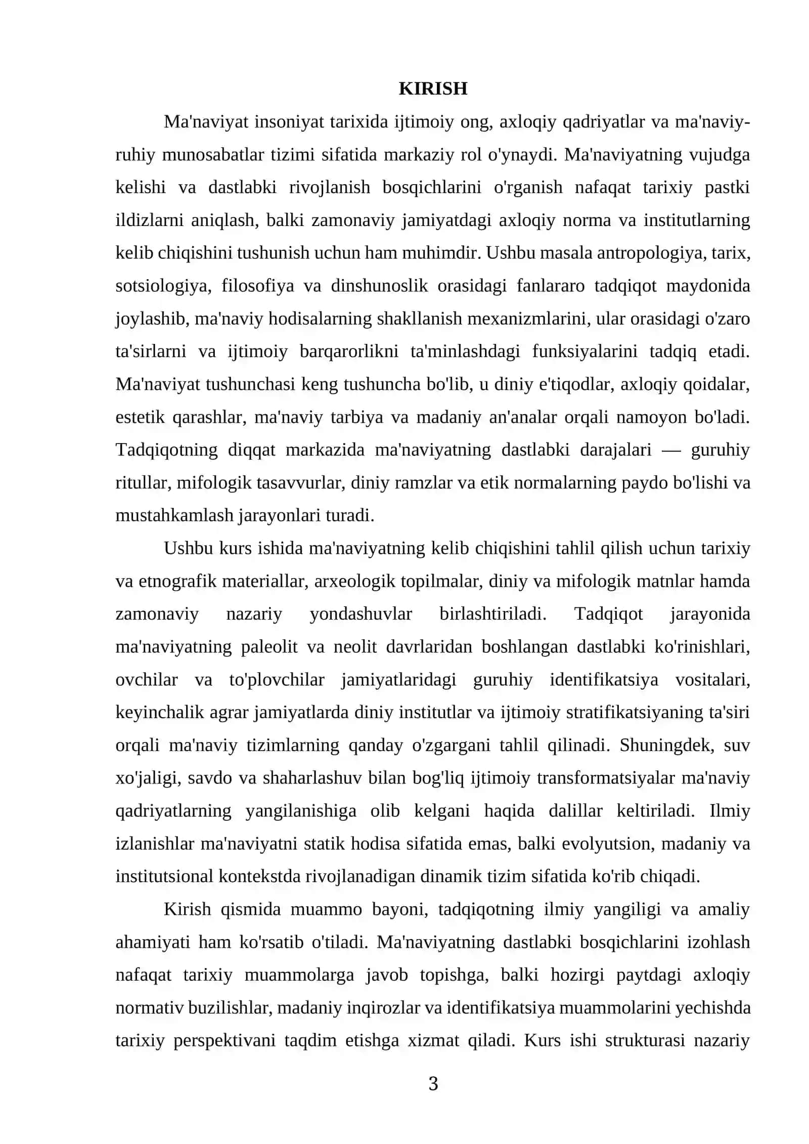 "MA'NAVIYATNI VUJUDGA KELISHI VA DASTLABKI RIVOJLANISH BOSQICHLARI" MAVZUSIDAGI KURS ISHI 3