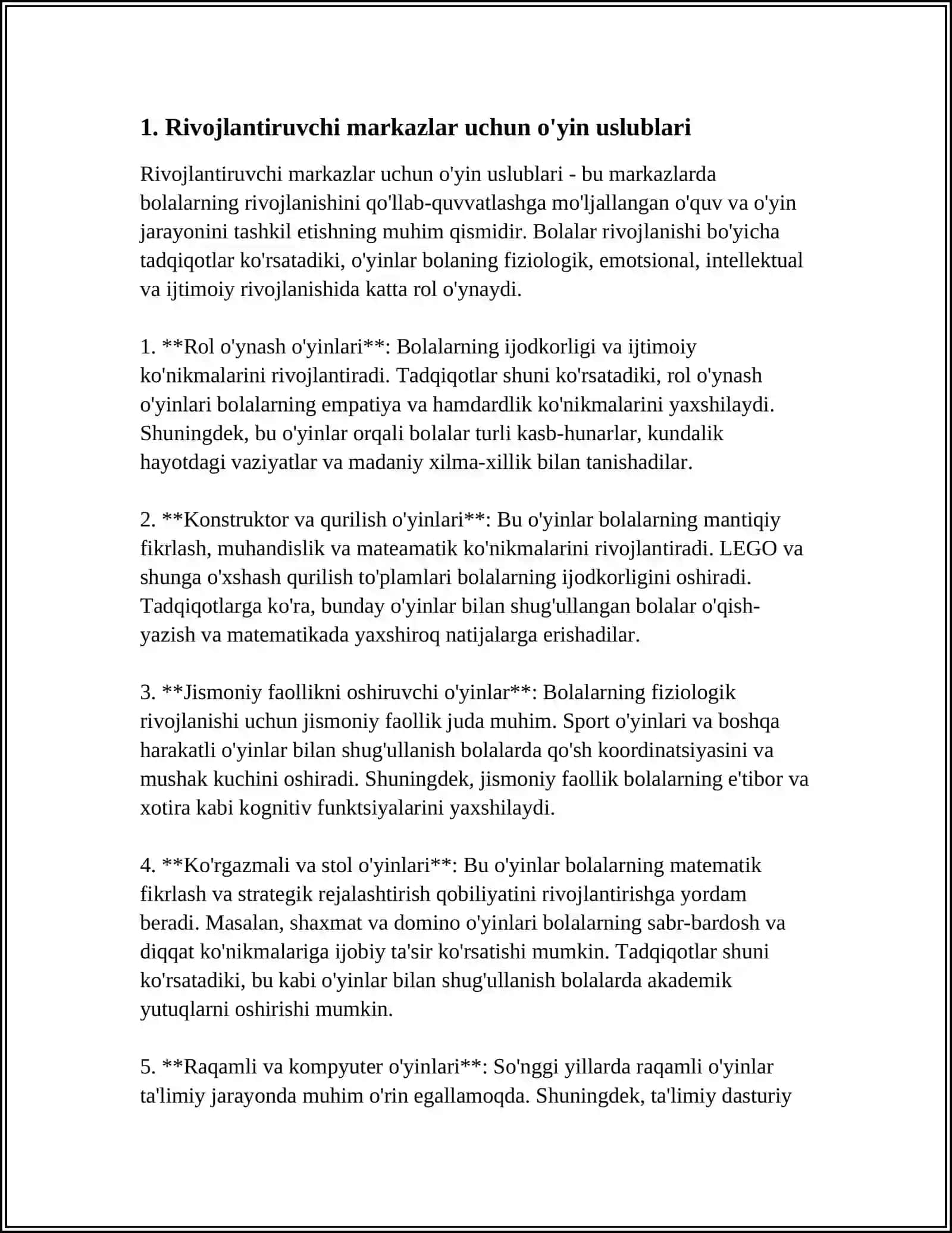 MAKTABGACHA TA'LIM TASHKILOTIDA RIVOJLANTIRUVCHI MARKAZLARINI JIHOZLASHDA O'YINLAR VA RIVOJLANTIRUVCHI MUHIT 3