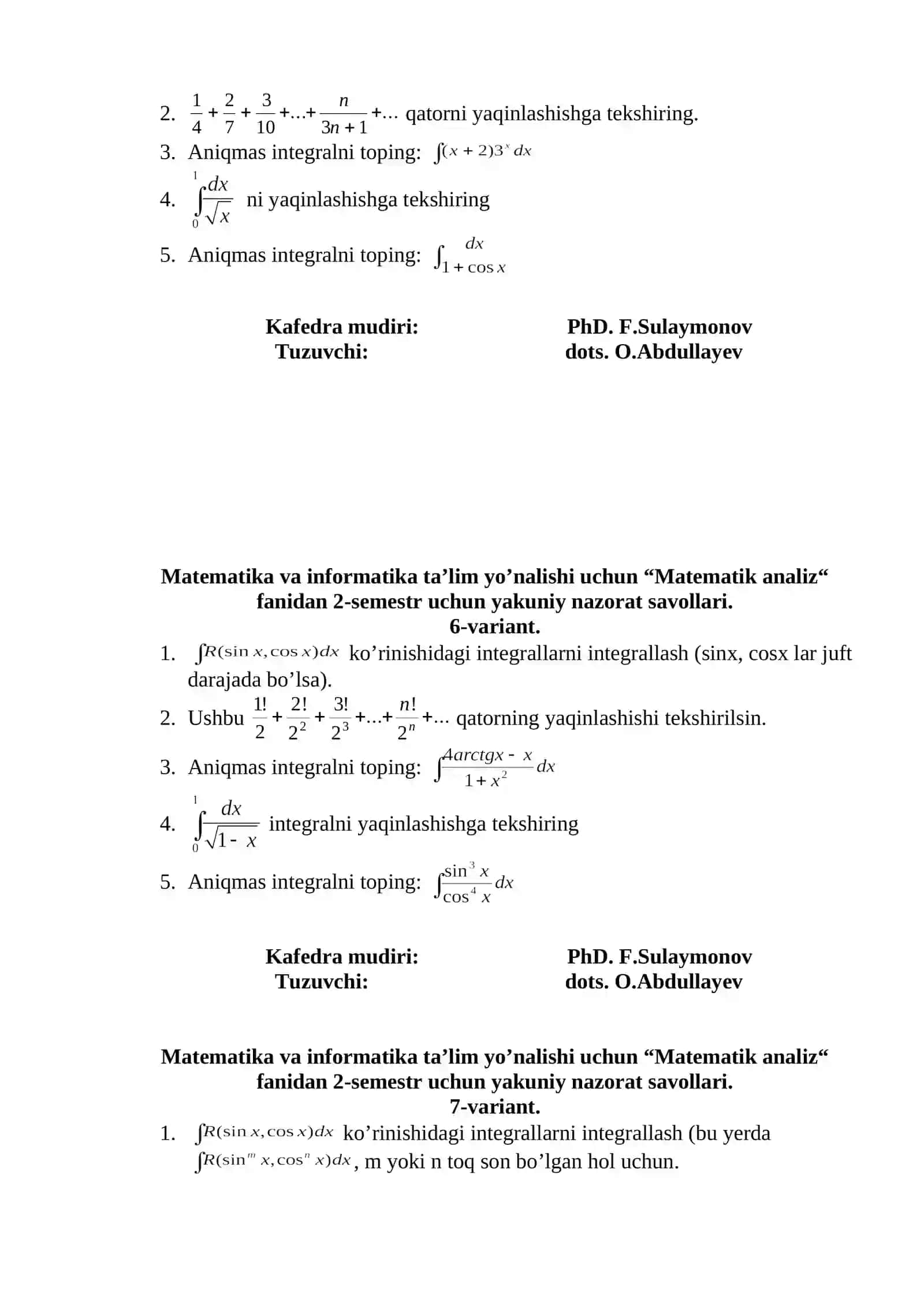 Matematik analiz fanidan 2-semestr uchun yakuniy nazorat savollari 3