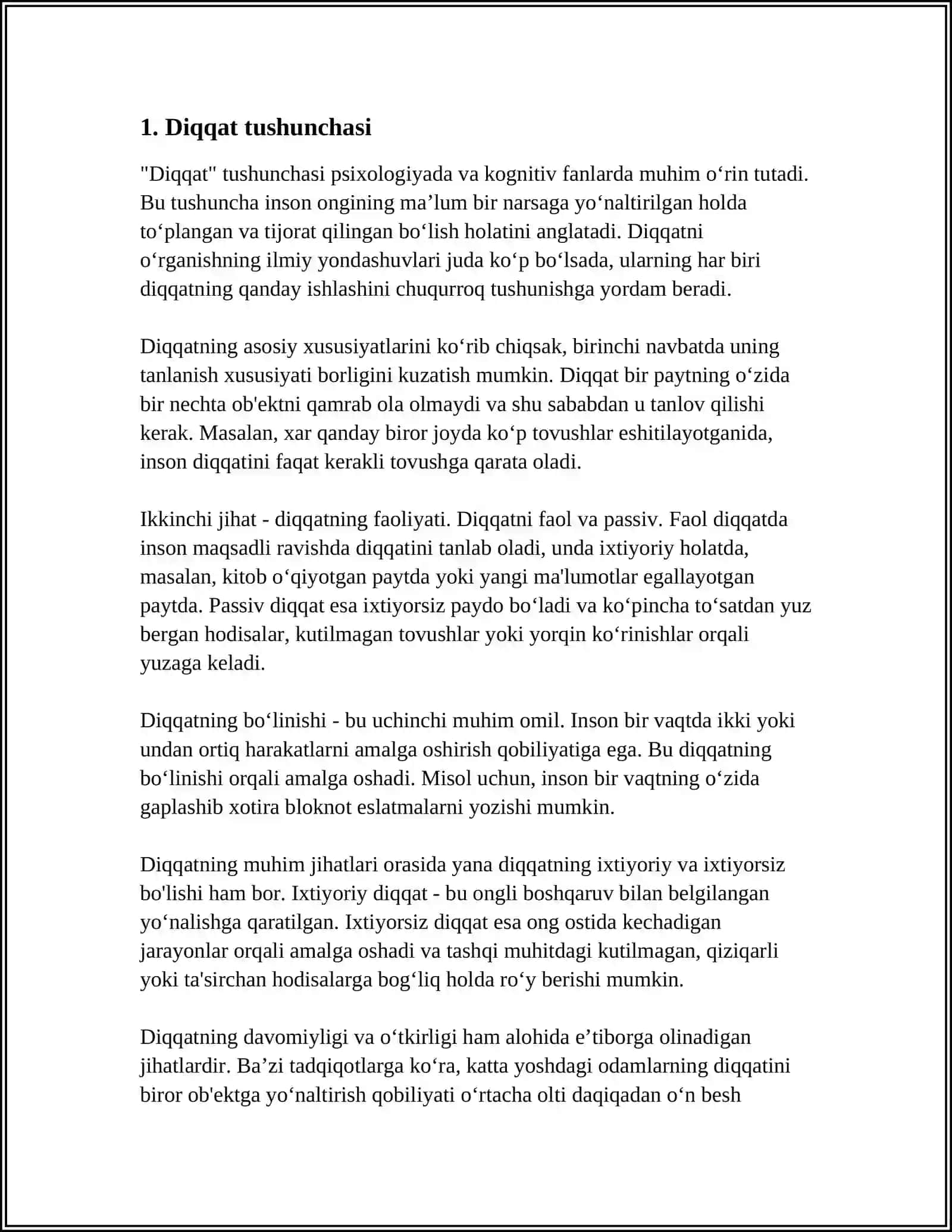 DIQQAT HAQIDA TUSHUNCHA VA UNING NERVFIZIOLOGIK ASOSLARI. DIQQAT TURLARI VA UNING XUSUSIYATLARI 3