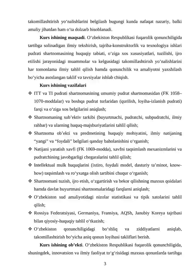 ILMIY TEKSHIRISH TAJRIBA - KONSTUTORLIK VA TEXNOLOGIYA ISHLARI PUDRATI SHARTNOMASINING FUKAROLIK- XUQUQIY XUSUSIYATLARI 3