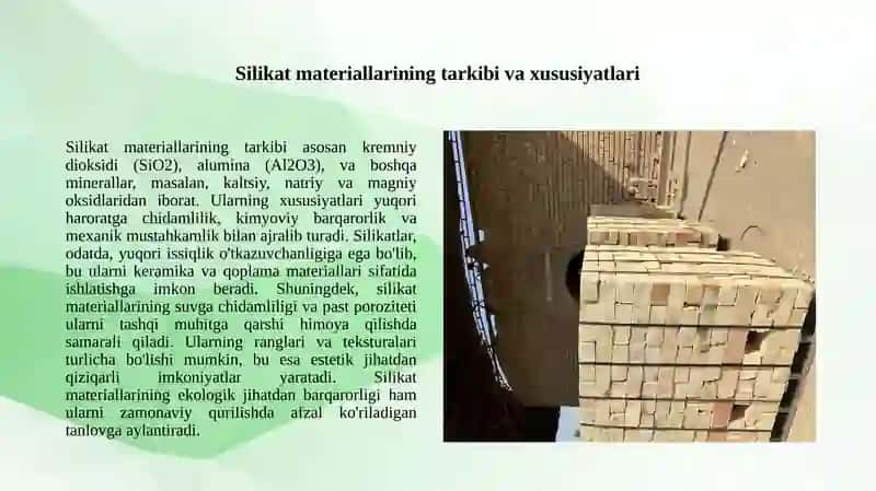 Silikat (keramik , qoplama ) g’isht va toshlardan devorbop materiallar. 3