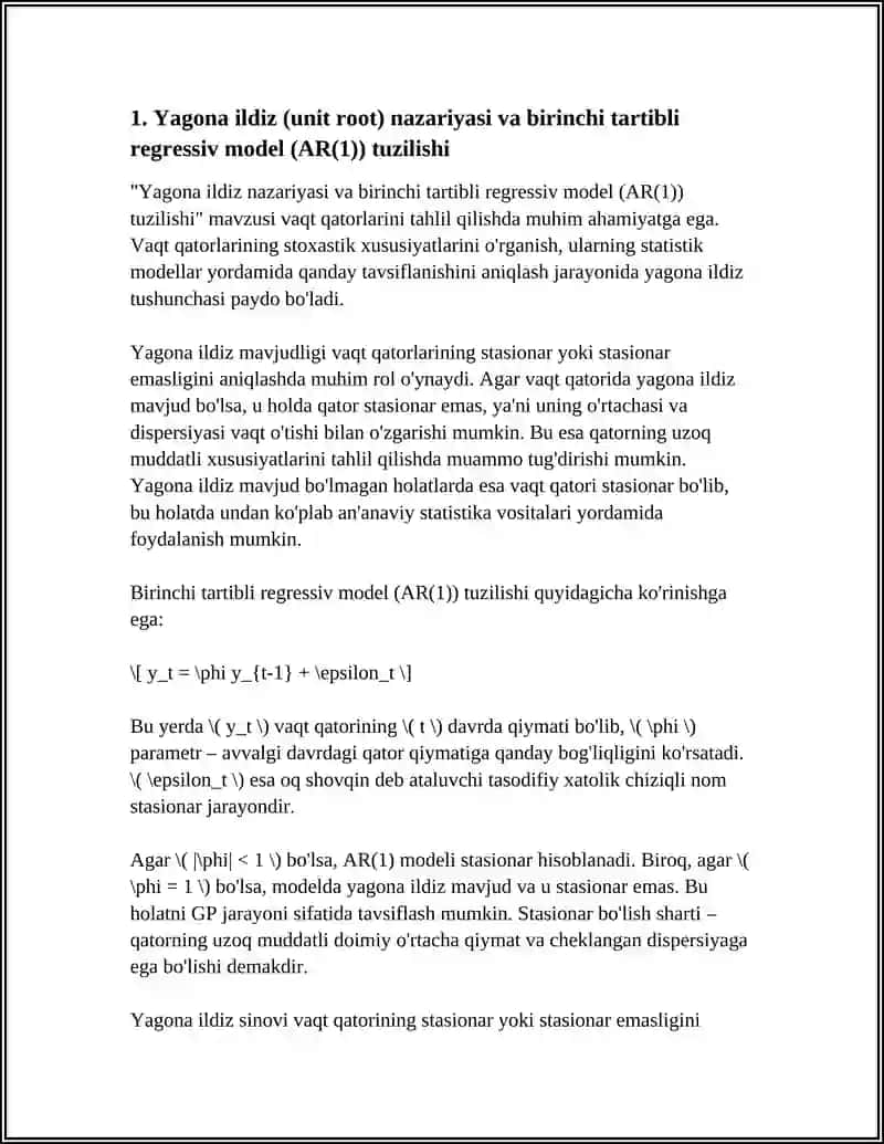 YAGONA ILDIZLARNI TEST LASHTIRISH. BIRINCHI TARTIBLI REGRESSIV MODELDA YAGONA ILDIZ UCHUN TEST 3