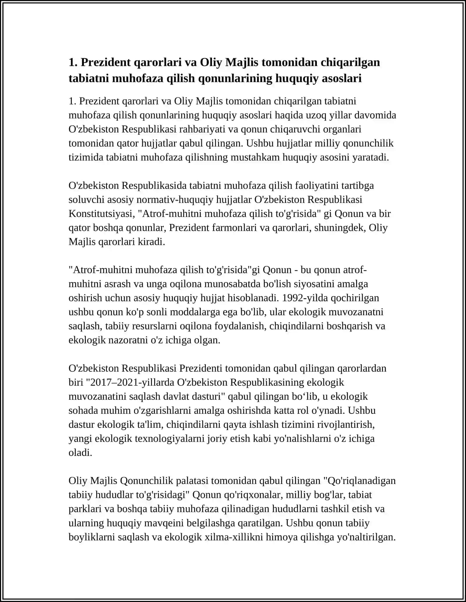 PREZIDENT QARORLARINI, OLIY MAJLIS TOMONIDAN CHIQARILGAN TABIATNI MUHOFAZA QILISHGA DOIR QONUNLARNI O'RGANISH 3