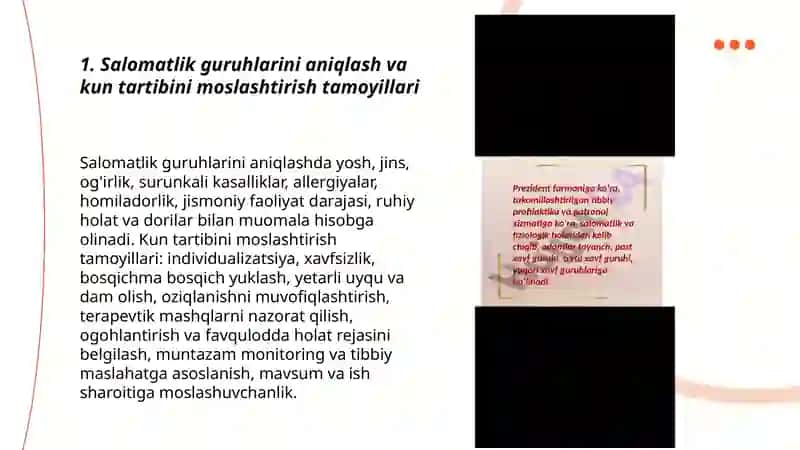 Salomatlik guruhlariga kiruvchi shaxslarga kun tartibini tuzish 3