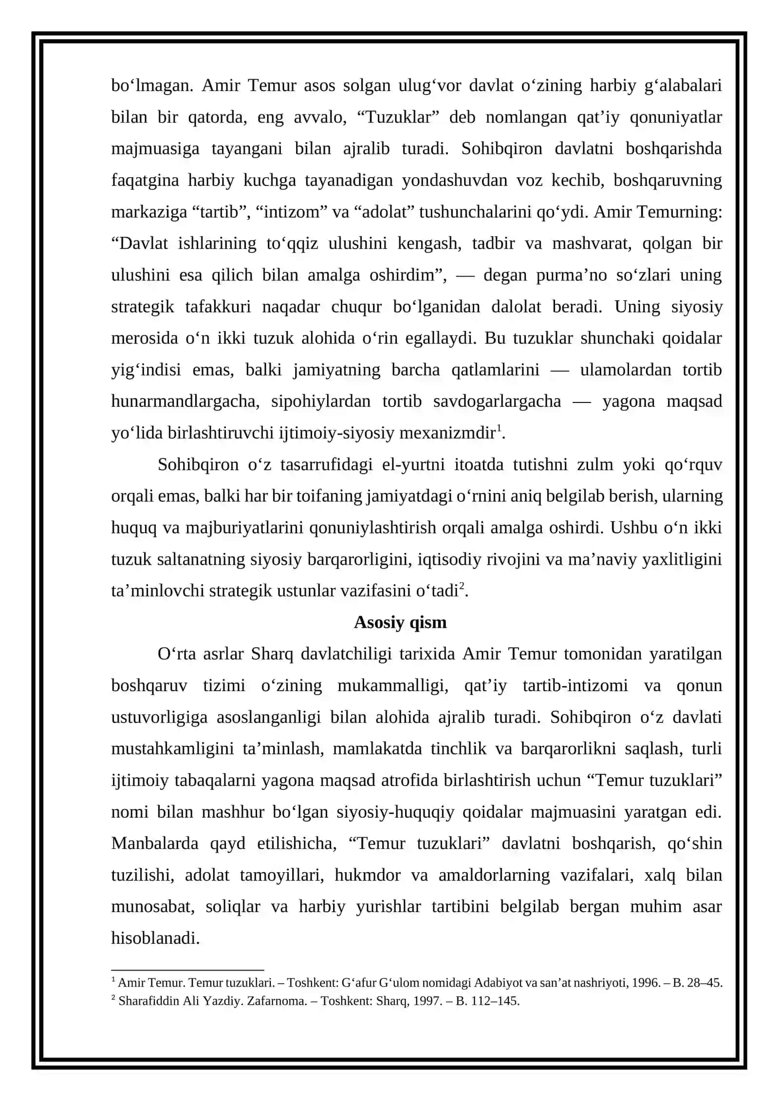 Amir Temurning el yurtni o‘z tasarrufi va itoatida tutish uchun tuzgan o‘n ikki tuzugi mavzusida tezis tayyorlash 3