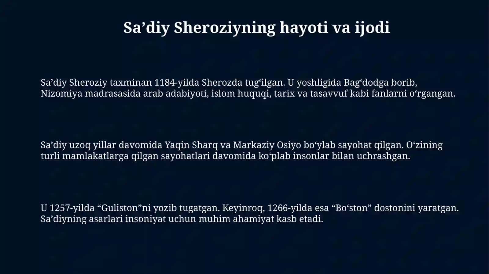 Sa’diy Sheroziy “Guliston” asarining Sharq adabiyotida tutgan o‘rni 3