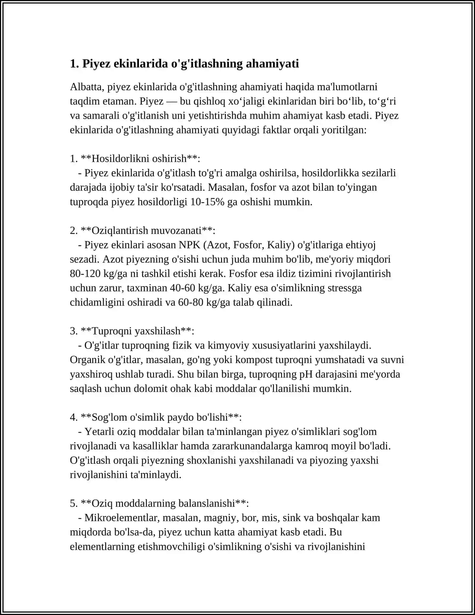 PIYOZ EKINIDA O‘G‘ITLASH TIZIMI VA UNING HOSILDORLIKKA TA’SIRI ( KALIY, FOSFOR,AZOT) 3