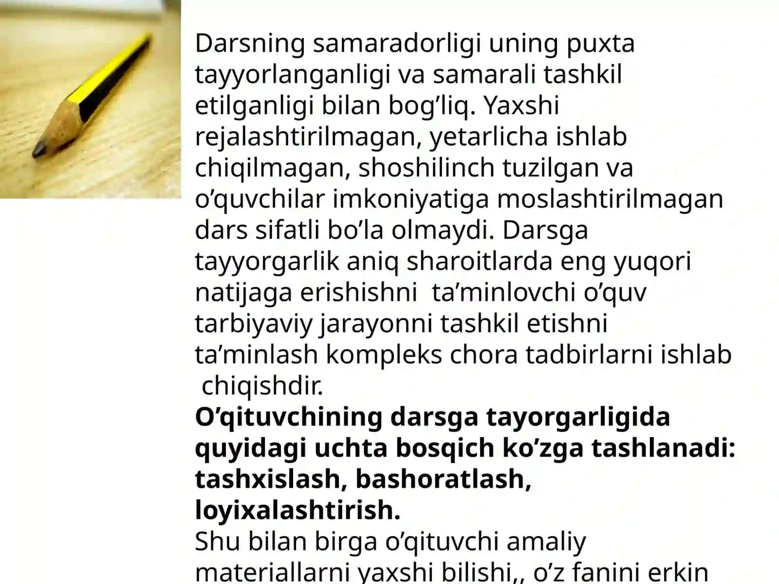 Darsni tashkil qilishga tayyorgarlik, bir soatlik dars reja konspektini tayyorlash, sinfdan tashqari ishlarni tashkil qilish 3