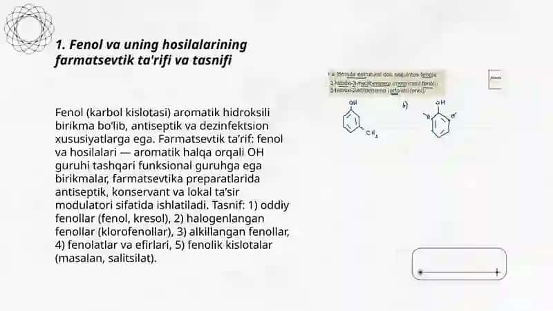 Tarkibida fenol va uning hosilalarini tutuvchi farmasevtik preparatlar 3