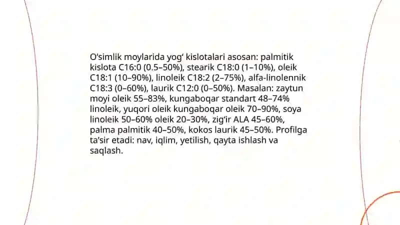 Oʻsimlik moylarining kimyoviy tarkibi xususiyatlari,sifati va ularga taʼsir etuvchi omillar 3