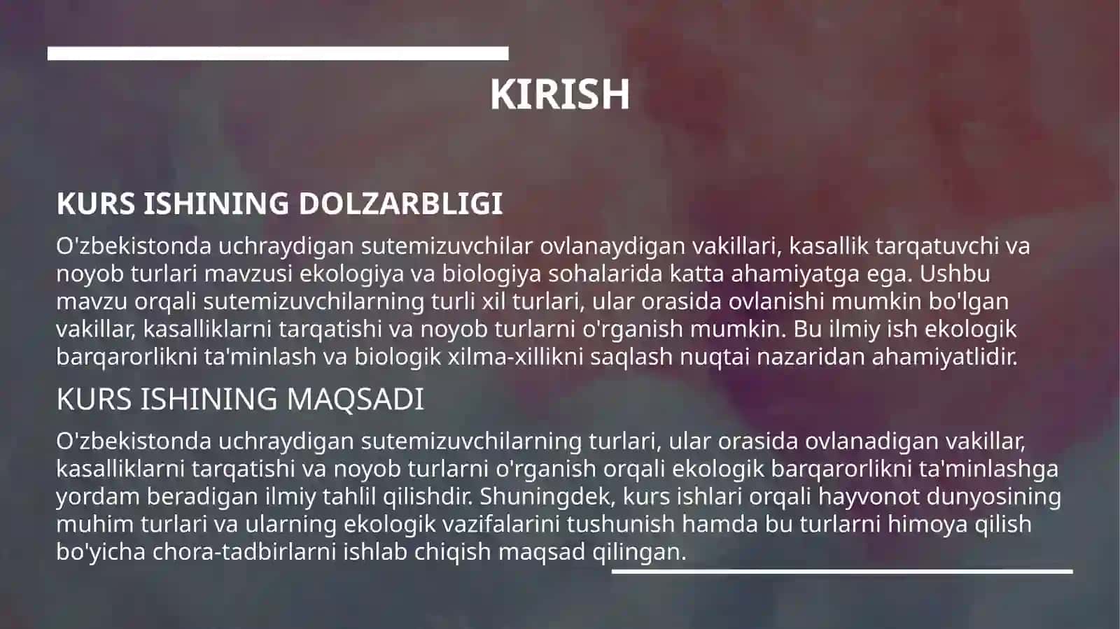 "O'ZBEKISTONDA UCHRAYDIGAN SUTEMIZUVCHILAR, OVLANAYDIGAN VAKILLARI, KASALLIK TARQATUVCHI VA NOYOB TURLARI" 3