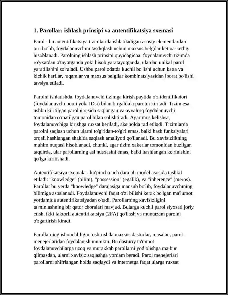 AUTENTIFIKATSIYA TIZIMINING ISHLASH SXEMASINI TUZING (PAROLLAR, TOKENLAR, BIOMETRIKLAR) VA ULARNING ISHONCHLILIGINI SOLISHTIRING 3