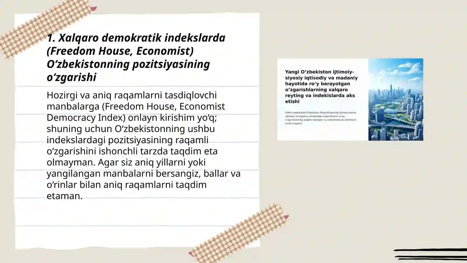 Yangi Oʻzbekiston ijtimoiy-siyosiy, iqtisodiy va madaniy hayotida roʻy berayotgan oʻzgarishlarning xalqaro reyting va indekslarda aks etishi 3