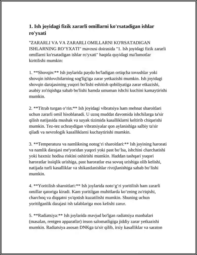 ZARARLI VA VA ZARARLI OMILLARNI KO'RSATADIGAN ISHLARNING RO'YXATI 3