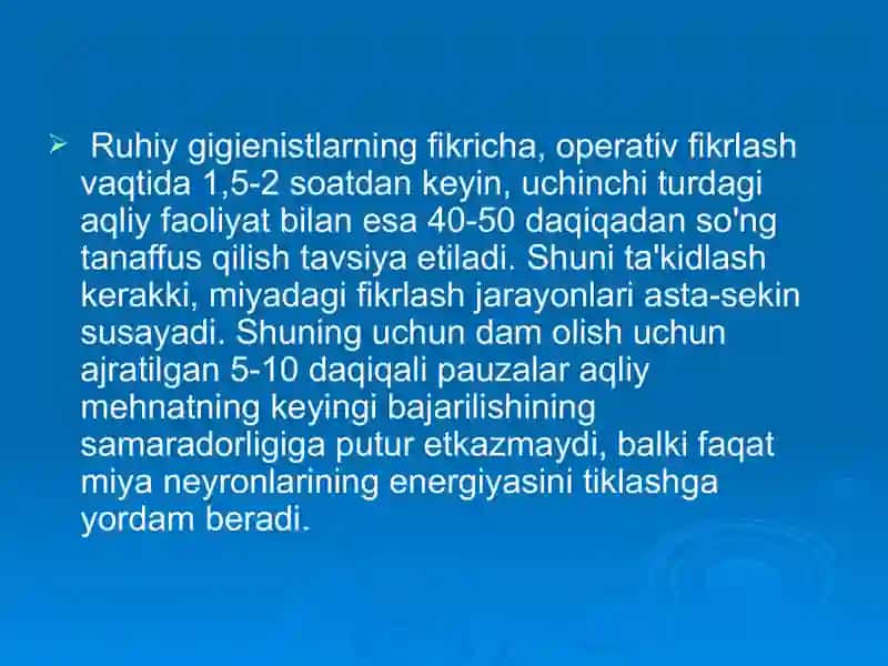 RUHIY-FIZIOLOGIK OMILLARGA GIGIYENIK TA`RIF,ORGANIZMGA ULARNING ZARARLI TA`SIRINI OLDINI OLISH TADBIRLARI. " 3