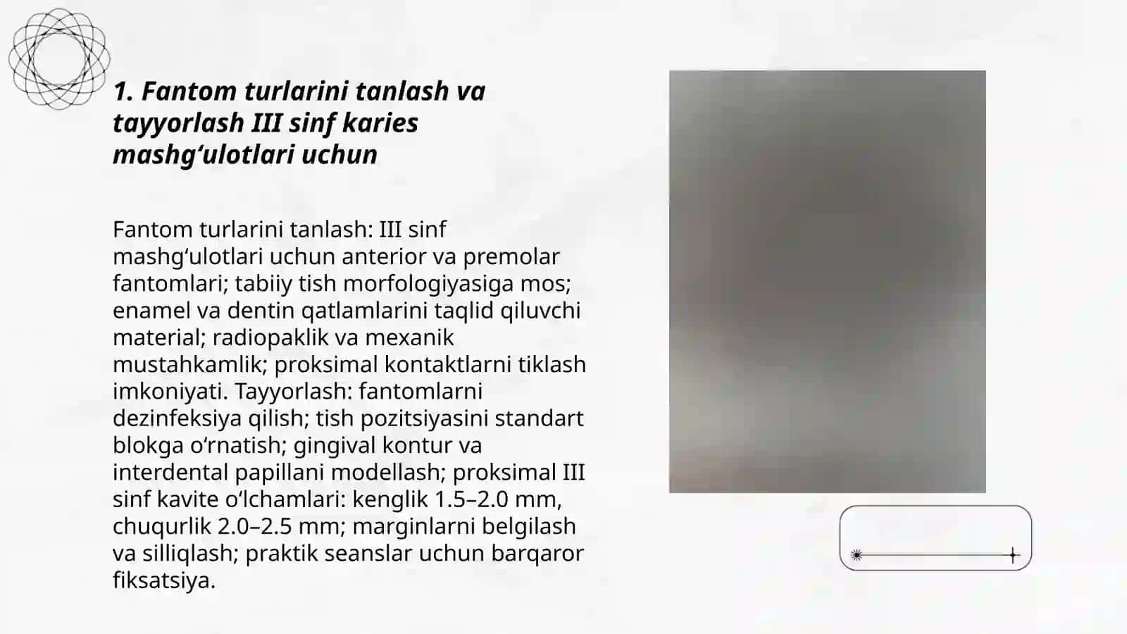 Fantomlarda III sinf karies kovaklarini charxlash va plombalash 3