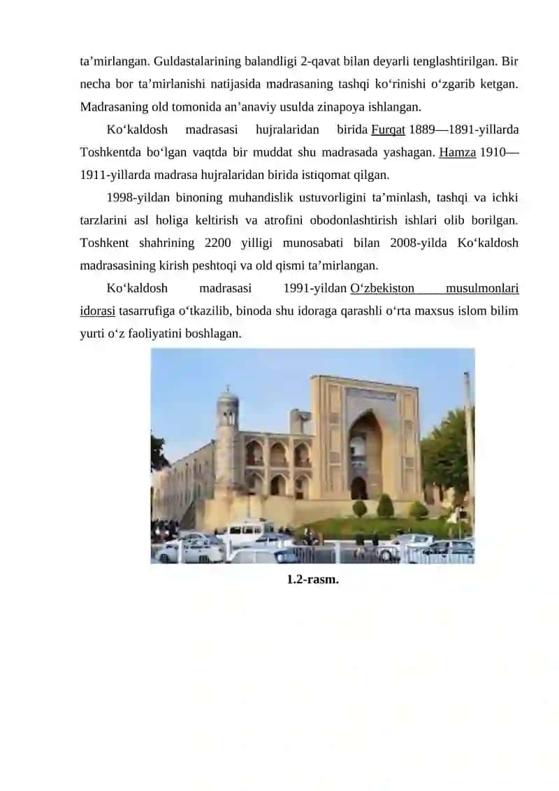 Toshkent shahridagi "Ko‘koldosh, Xoji Ahror valiy, Yunusxon, maqbarasi, Shayx Hovondo Tohur va boshqa me’moriy obidalarini geometrik tahlili" 3
