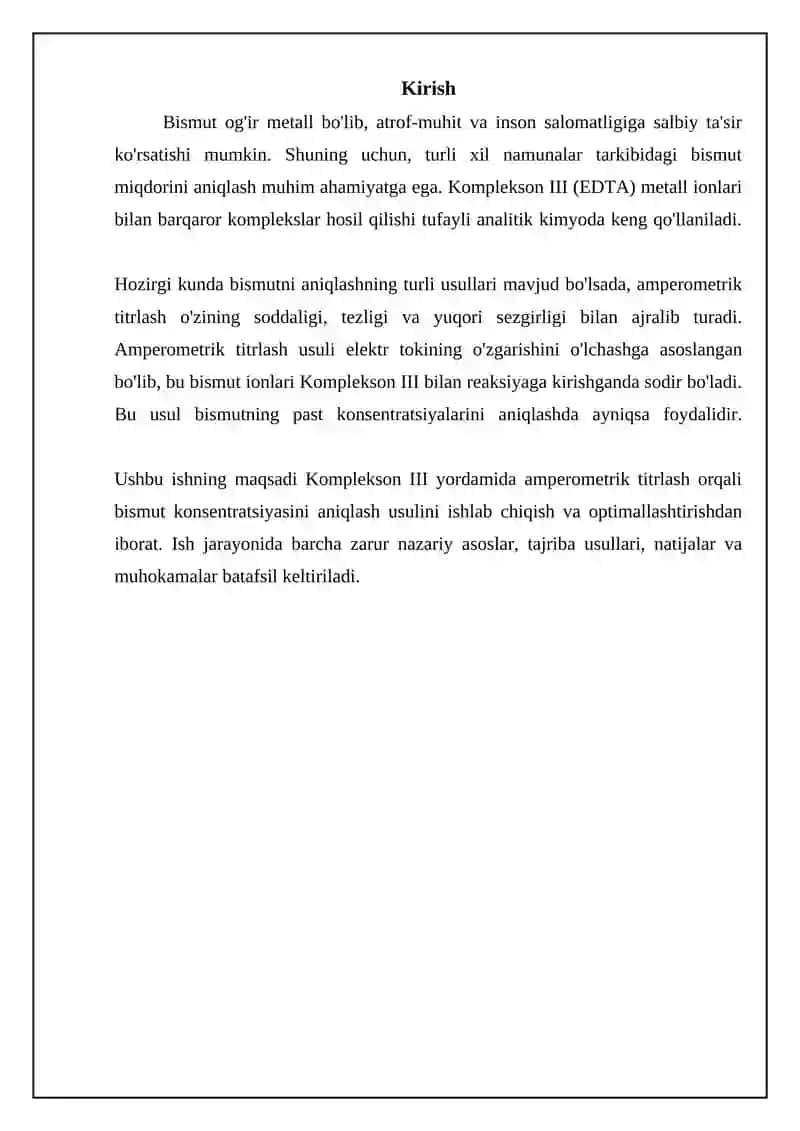 Amperometrik titirlash usulida vismutni konsentratsiyasi kompleksion- lll bilan aniqlash 3