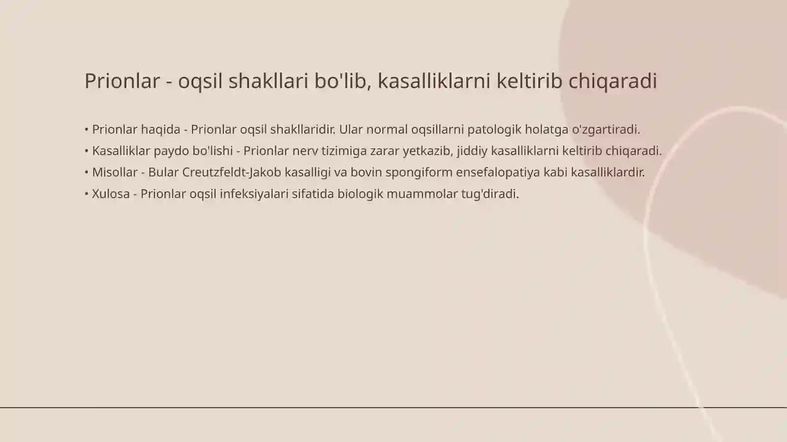 Prionlar haqida tushuncha, kelib chiqishi prion kasalliklari, amaliyotda ahamiyati. Oziq muhitlar, xromogen oziqli muhitlar, identifikasiyada qo’llanilishi 3
