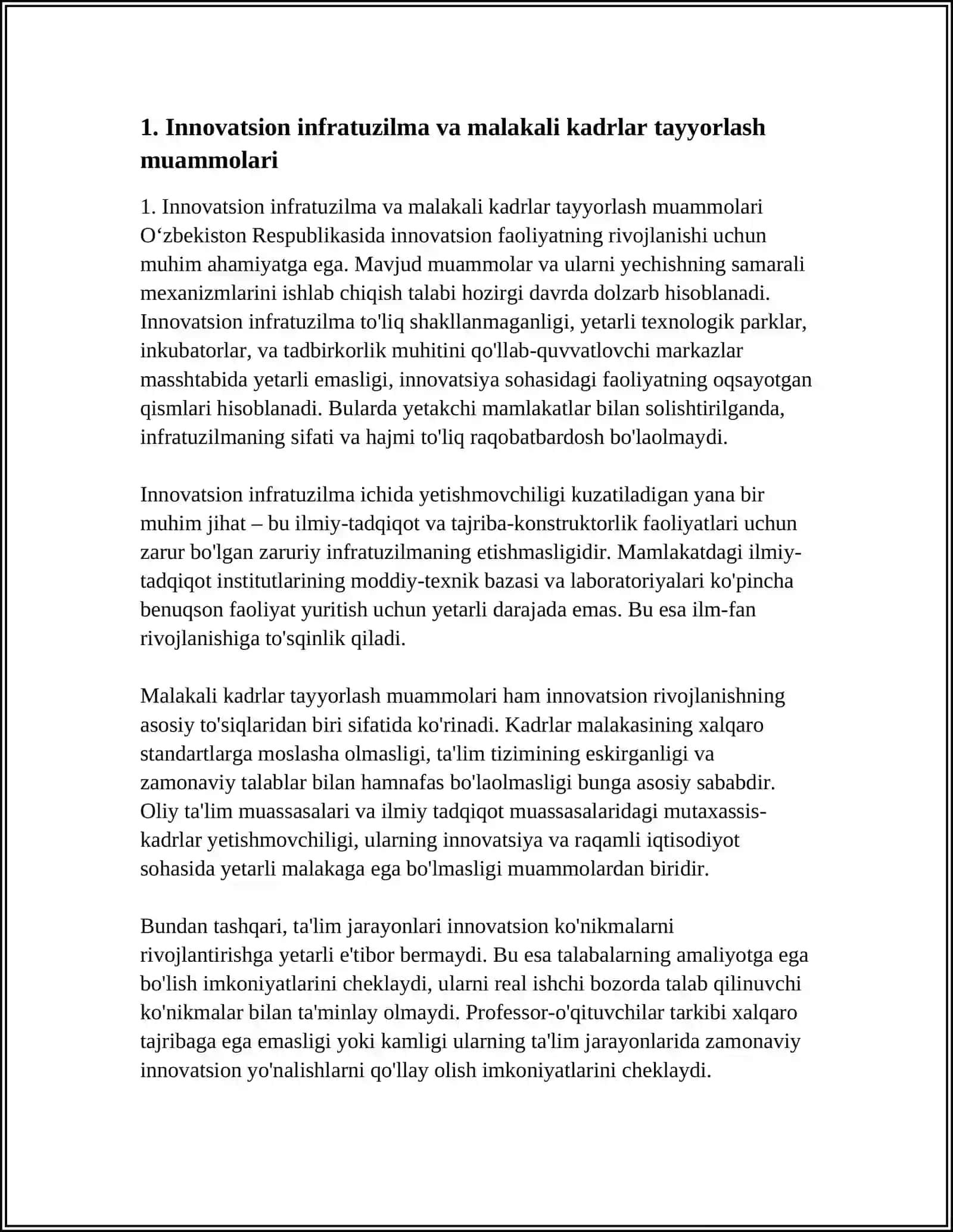 OʻZBEKISTON RESPUBLIKASIDA INNOVATSION FAOLIYATNING MUAMMOLARI VA ULARNI YECHISH MEXANIZMLARI 3