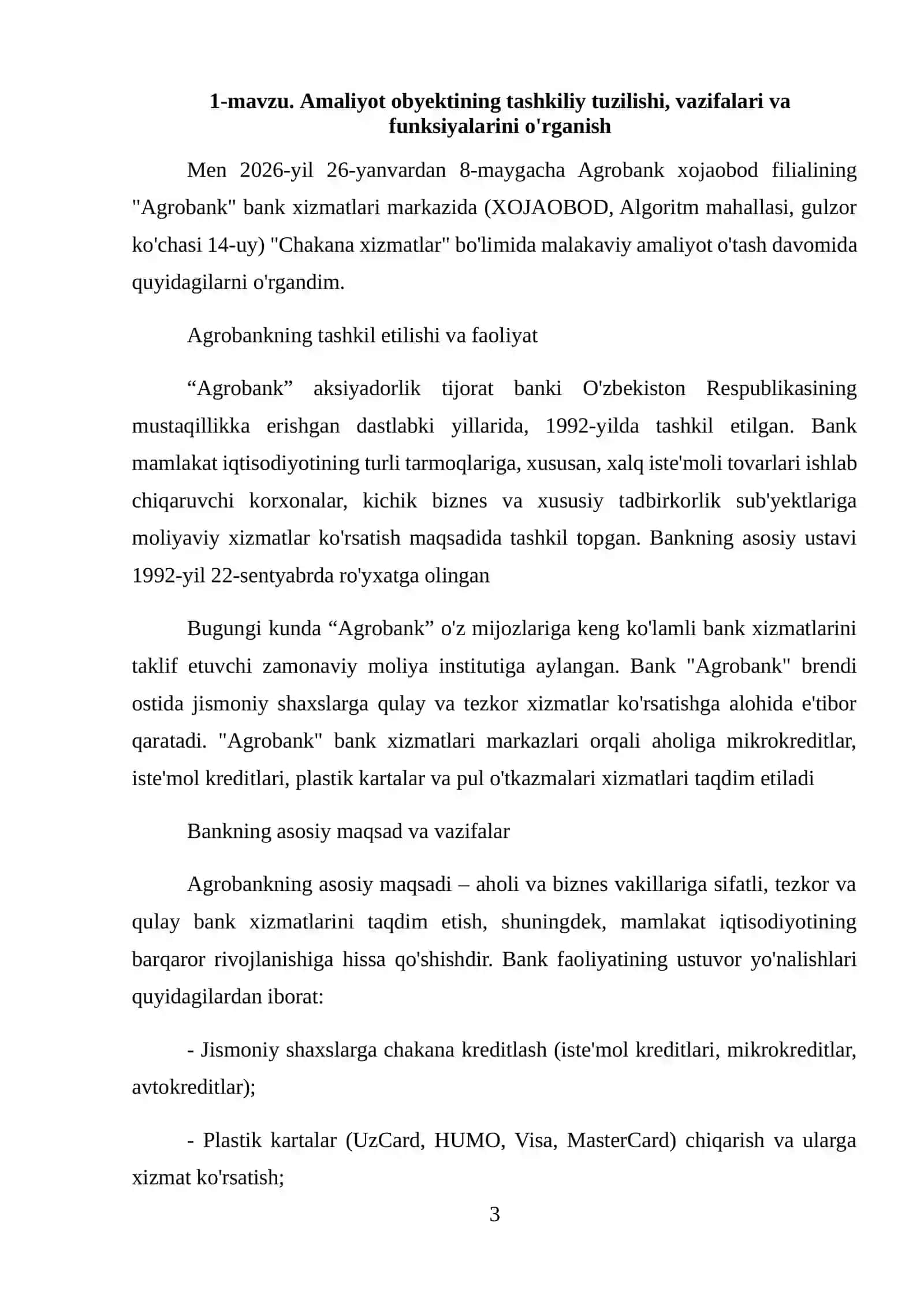 Agro bank(chakana xizmatlar boʻlimi) BITIRUV MALAKAVIY HISOBOTI 3