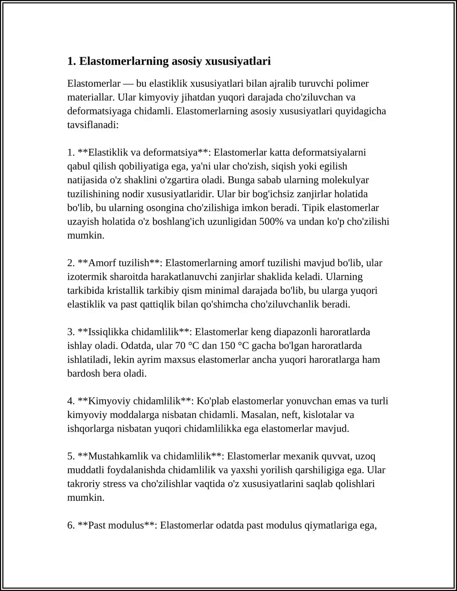 MUSTAQIL ISH Mavzu: ELASTOMERLAR VA YELIMLAR 3
